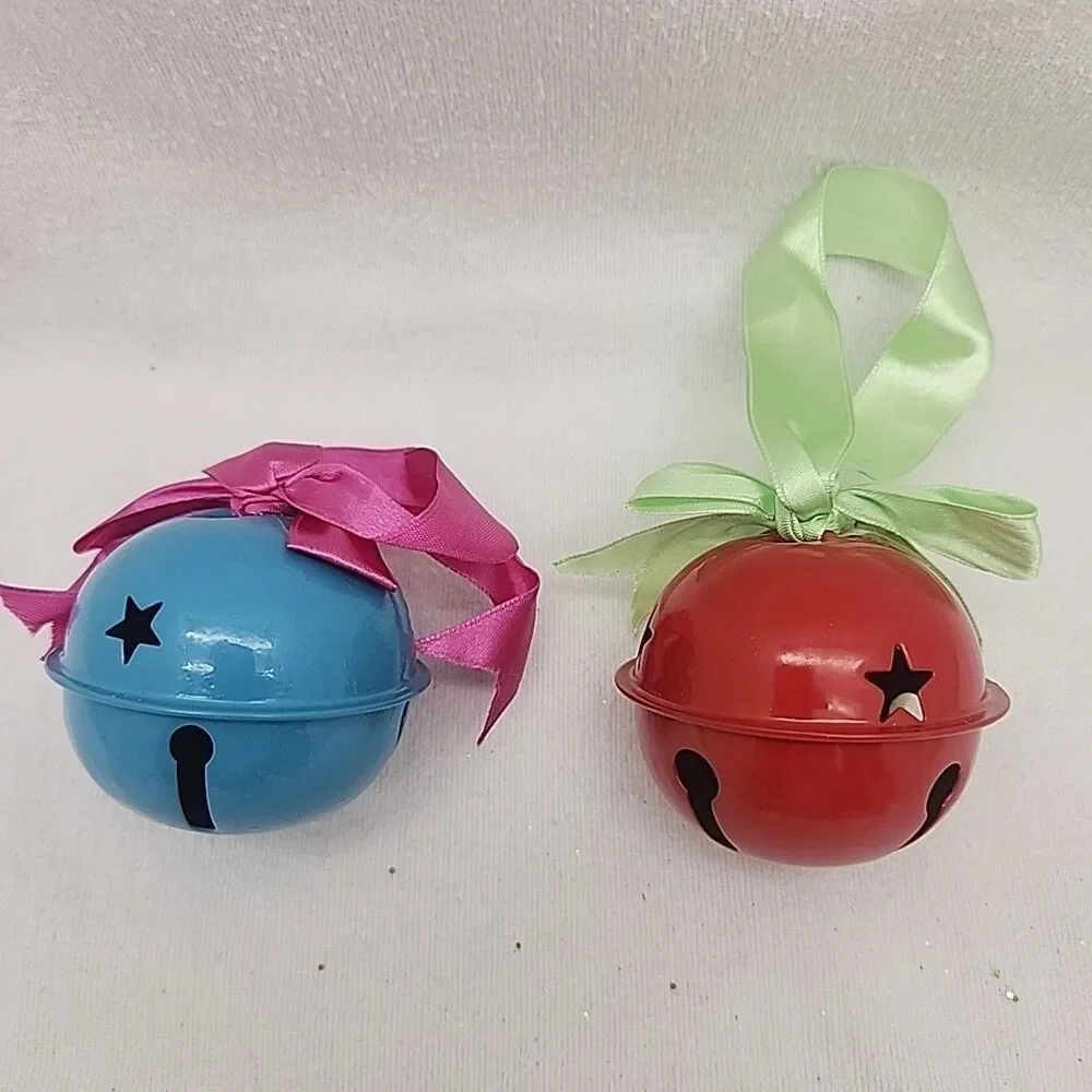 Ornament 2 Jingle Bell Large Metal Sleigh Bell Christmas 4” Wide 7” H W/Ribbon
